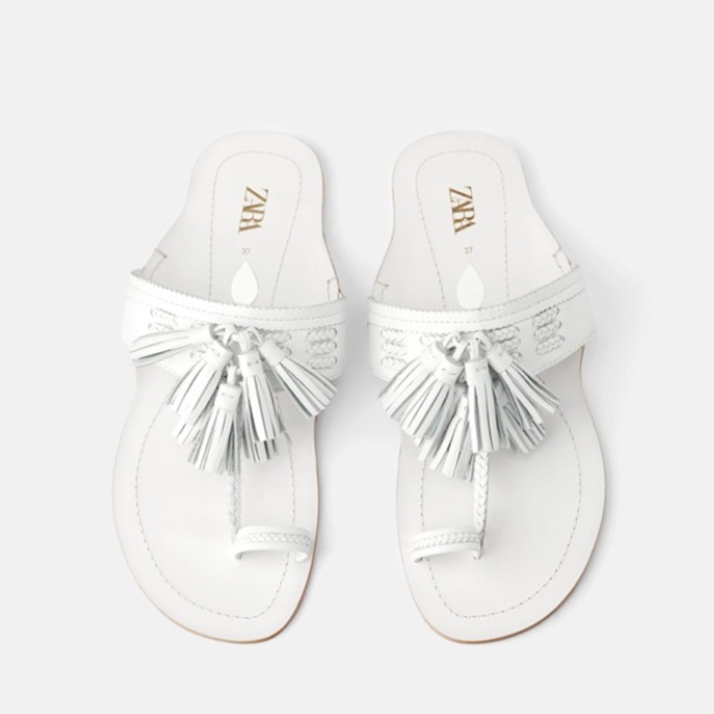 Zara white tasseled flat leather sandals